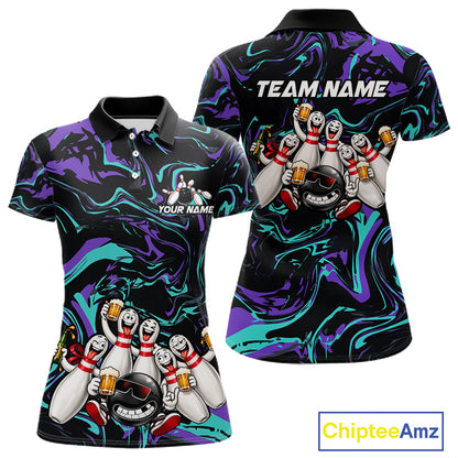 Custom Teal And Purple Funny Drunk Beer Bowling Balls And Pins Bowling Team Shirts For Women HNT660