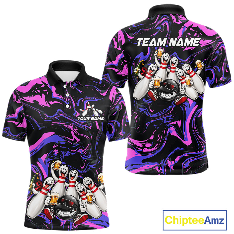 Custom Purple And Pink Funny Drunk Beer Bowling Balls And Pins Bowling Team Shirts For Men HNT660