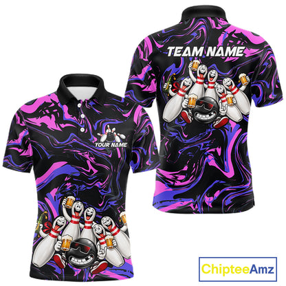 Custom Purple And Pink Funny Drunk Beer Bowling Balls And Pins Bowling Team Shirts For Men HNT660