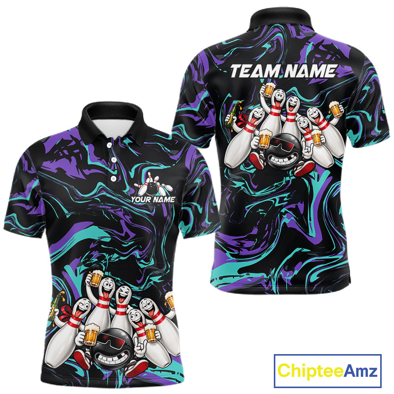 Custom Teal And Purple Funny Drunk Beer Bowling Balls And Pins Bowling Team Shirts For Men HNT660