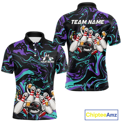 Custom Teal And Purple Funny Drunk Beer Bowling Balls And Pins Bowling Team Shirts For Men HNT660