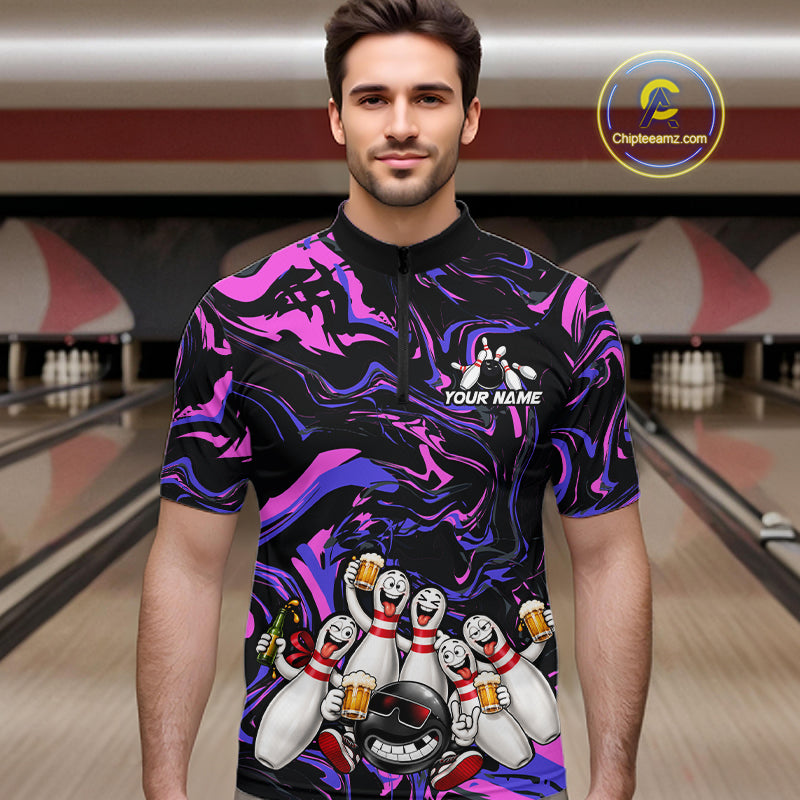 Custom Purple And Pink Funny Drunk Beer Bowling Balls And Pins Bowling Team Shirts For Men HNT660