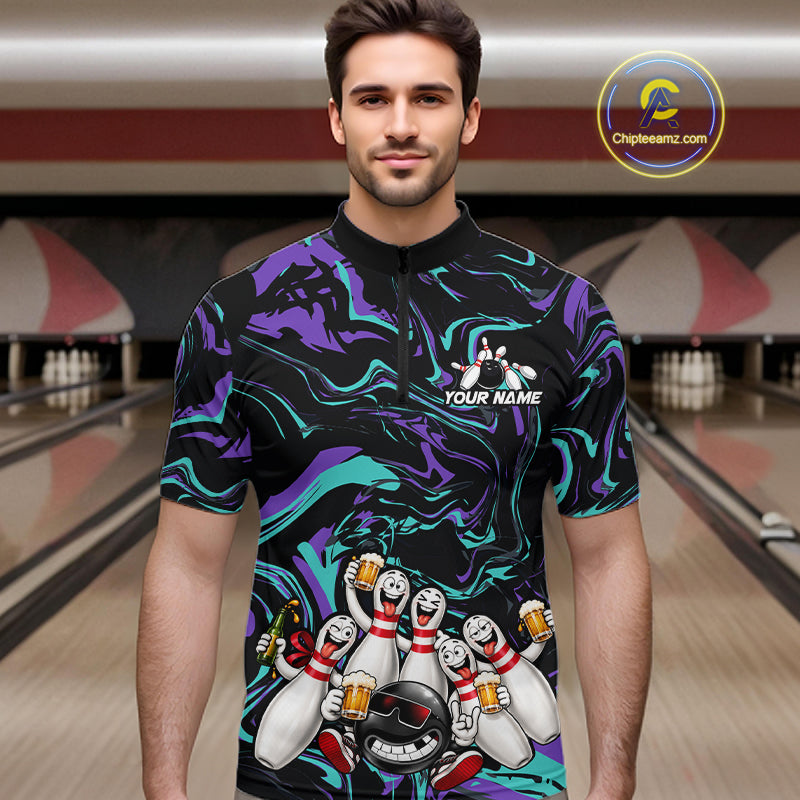 Custom Teal And Purple Funny Drunk Beer Bowling Balls And Pins Bowling Team Shirts For Men HNT660