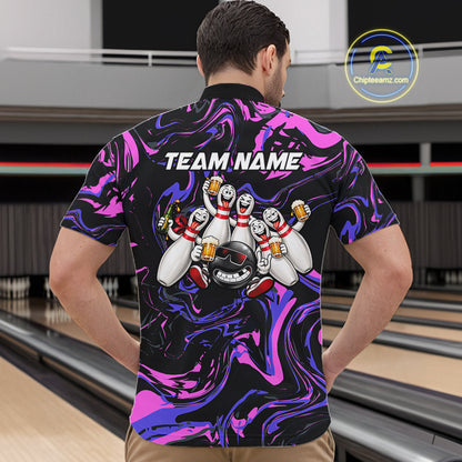 Custom Purple And Pink Funny Drunk Beer Bowling Balls And Pins Bowling Team Shirts For Men HNT660
