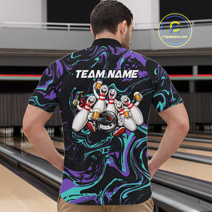 Custom Teal And Purple Funny Drunk Beer Bowling Balls And Pins Bowling Team Shirts For Men HNT660