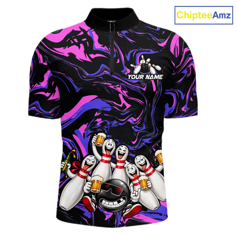 Custom Purple And Pink Funny Drunk Beer Bowling Balls And Pins Bowling Team Shirts For Men HNT660