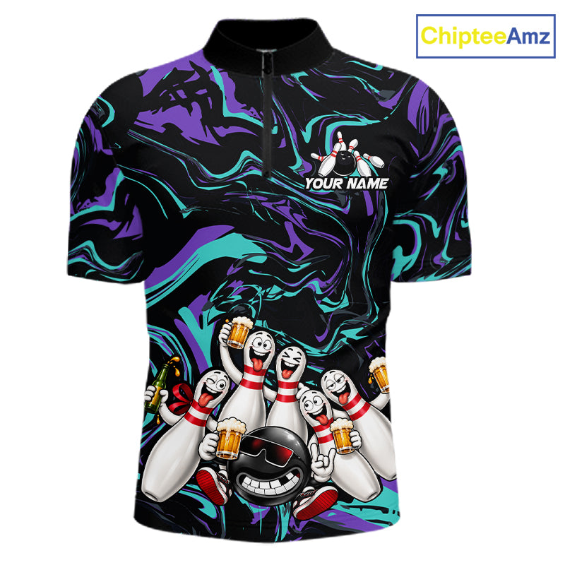 Custom Teal And Purple Funny Drunk Beer Bowling Balls And Pins Bowling Team Shirts For Men HNT660