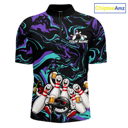 Custom Teal And Purple Funny Drunk Beer Bowling Balls And Pins Bowling Team Shirts For Men HNT660