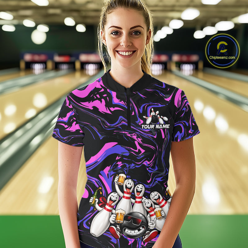 Custom Purple And Pink Funny Drunk Beer Bowling Balls And Pins Bowling Team Shirts For Women HNT660