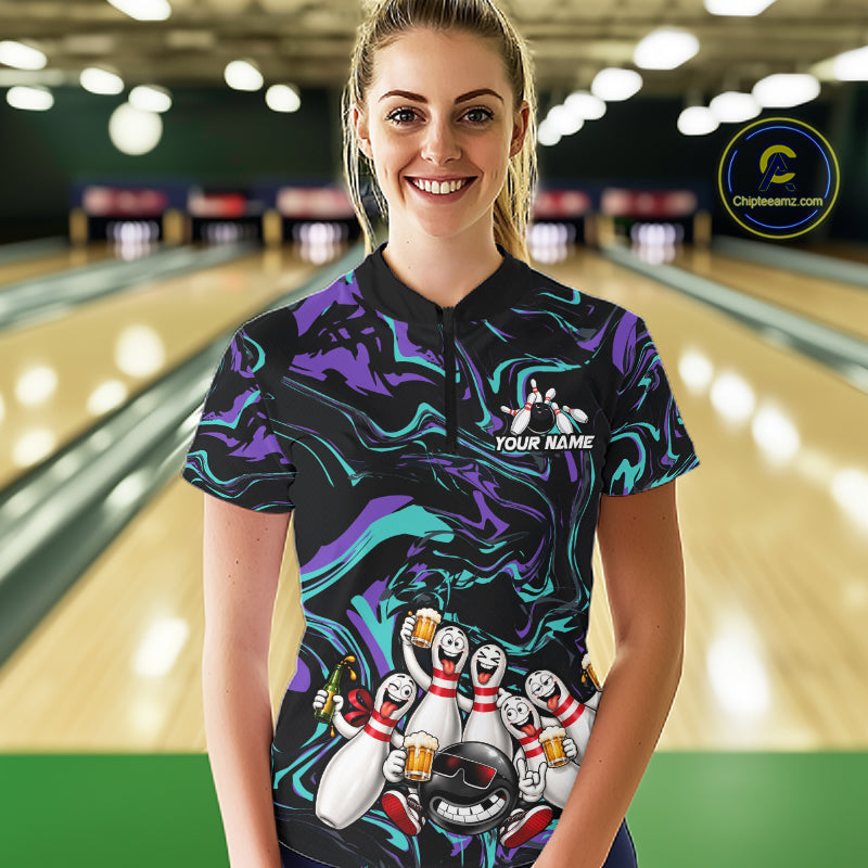 Custom Teal And Purple Funny Drunk Beer Bowling Balls And Pins Bowling Team Shirts For Women HNT660