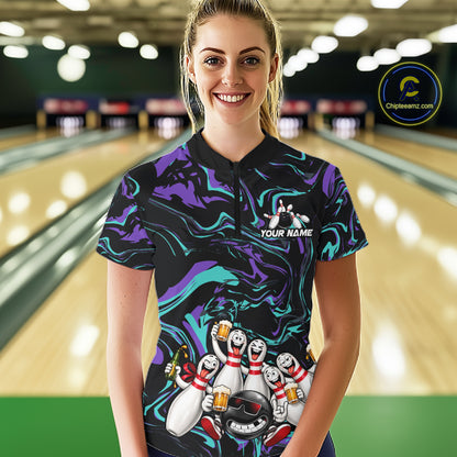 Custom Teal And Purple Funny Drunk Beer Bowling Balls And Pins Bowling Team Shirts For Women HNT660