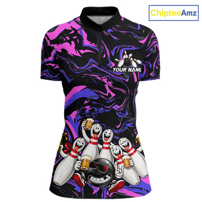 Custom Purple And Pink Funny Drunk Beer Bowling Balls And Pins Bowling Team Shirts For Women HNT660