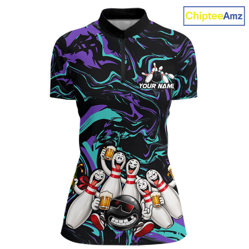 Custom Teal And Purple Funny Drunk Beer Bowling Balls And Pins Bowling Team Shirts For Women HNT660