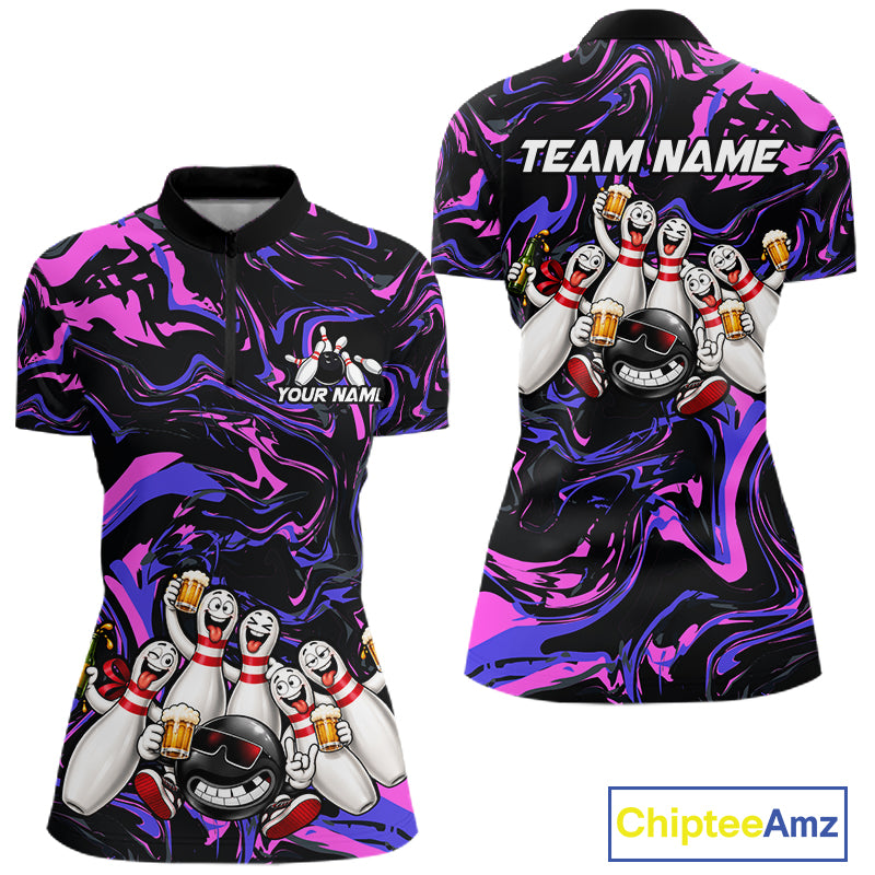 Custom Purple And Pink Funny Drunk Beer Bowling Balls And Pins Bowling Team Shirts For Women HNT660