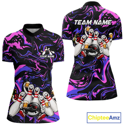 Custom Purple And Pink Funny Drunk Beer Bowling Balls And Pins Bowling Team Shirts For Women HNT660