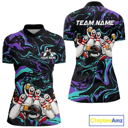 Custom Teal And Purple Funny Drunk Beer Bowling Balls And Pins Bowling Team Shirts For Women HNT660