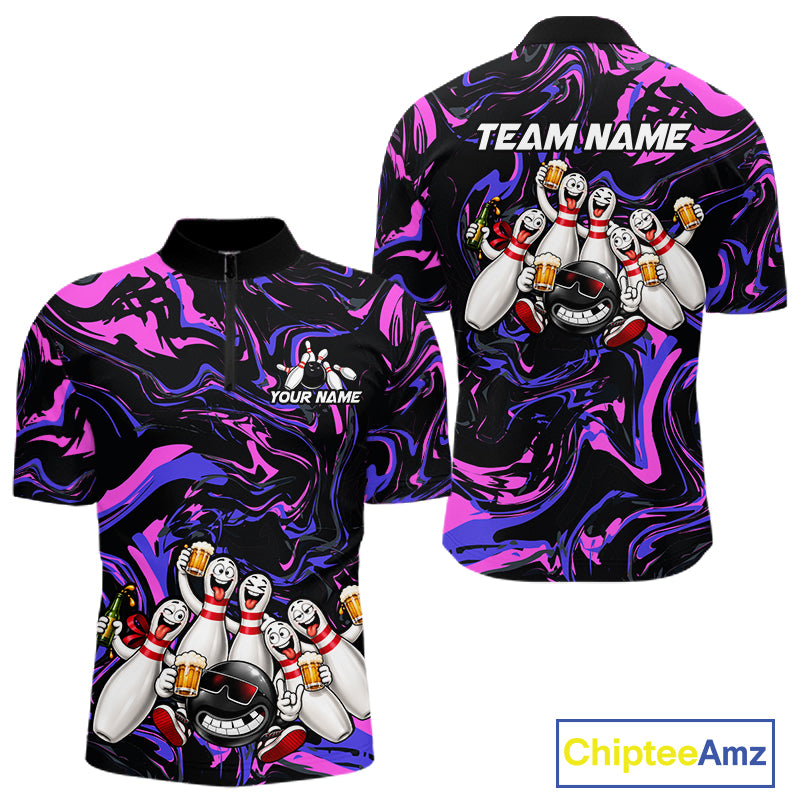 Custom Purple And Pink Funny Drunk Beer Bowling Balls And Pins Bowling Team Shirts For Men HNT660