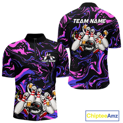 Custom Purple And Pink Funny Drunk Beer Bowling Balls And Pins Bowling Team Shirts For Men HNT660
