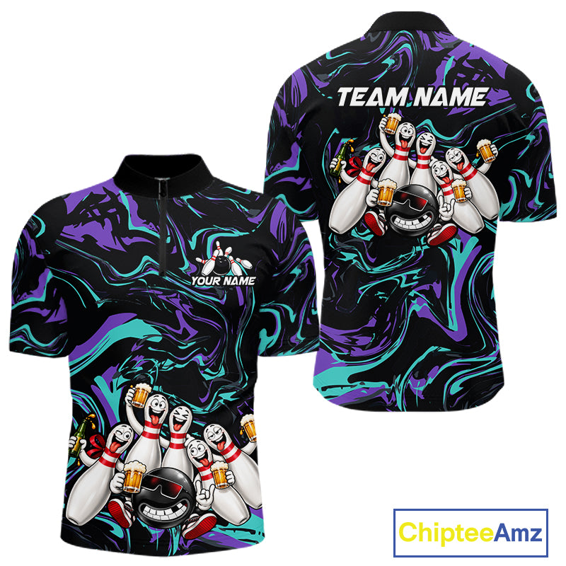 Custom Teal And Purple Funny Drunk Beer Bowling Balls And Pins Bowling Team Shirts For Men HNT660