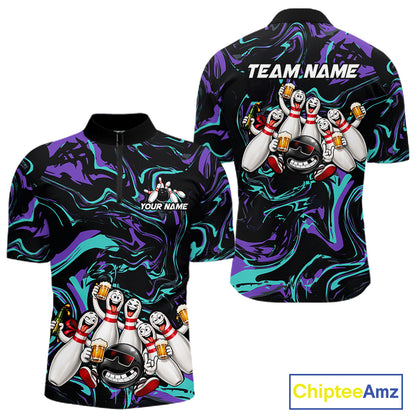 Custom Teal And Purple Funny Drunk Beer Bowling Balls And Pins Bowling Team Shirts For Men HNT660
