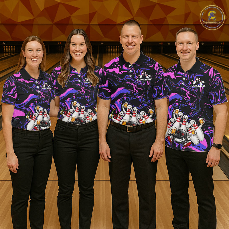Custom Purple And Pink Funny Drunk Beer Bowling Balls And Pins Bowling Team Shirts For Men HNT660