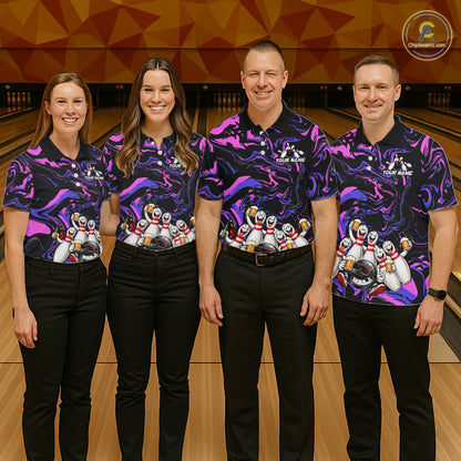 Custom Purple And Pink Funny Drunk Beer Bowling Balls And Pins Bowling Team Shirts For Men HNT660