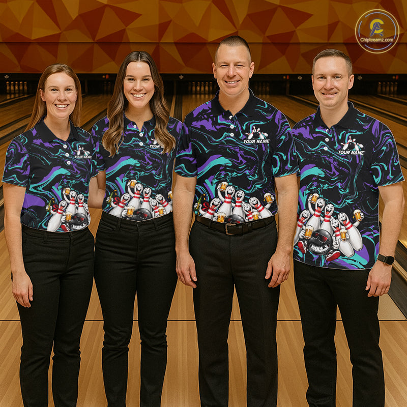 Custom Teal And Purple Funny Drunk Beer Bowling Balls And Pins Bowling Team Shirts For Men HNT660