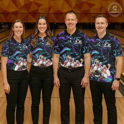Custom Teal And Purple Funny Drunk Beer Bowling Balls And Pins Bowling Team Shirts For Women HNT660