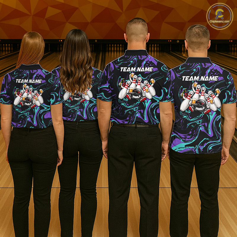 Custom Teal And Purple Funny Drunk Beer Bowling Balls And Pins Bowling Team Shirts For Men HNT660