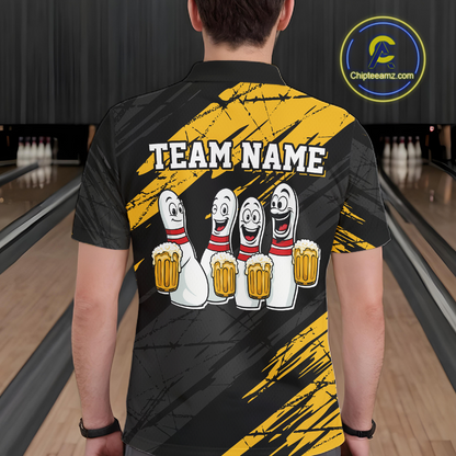 Custom Yellow Funny Bowling Tournament Jersey for Men Bowling Team Shirts Polo & 1/4 Zip HNT178