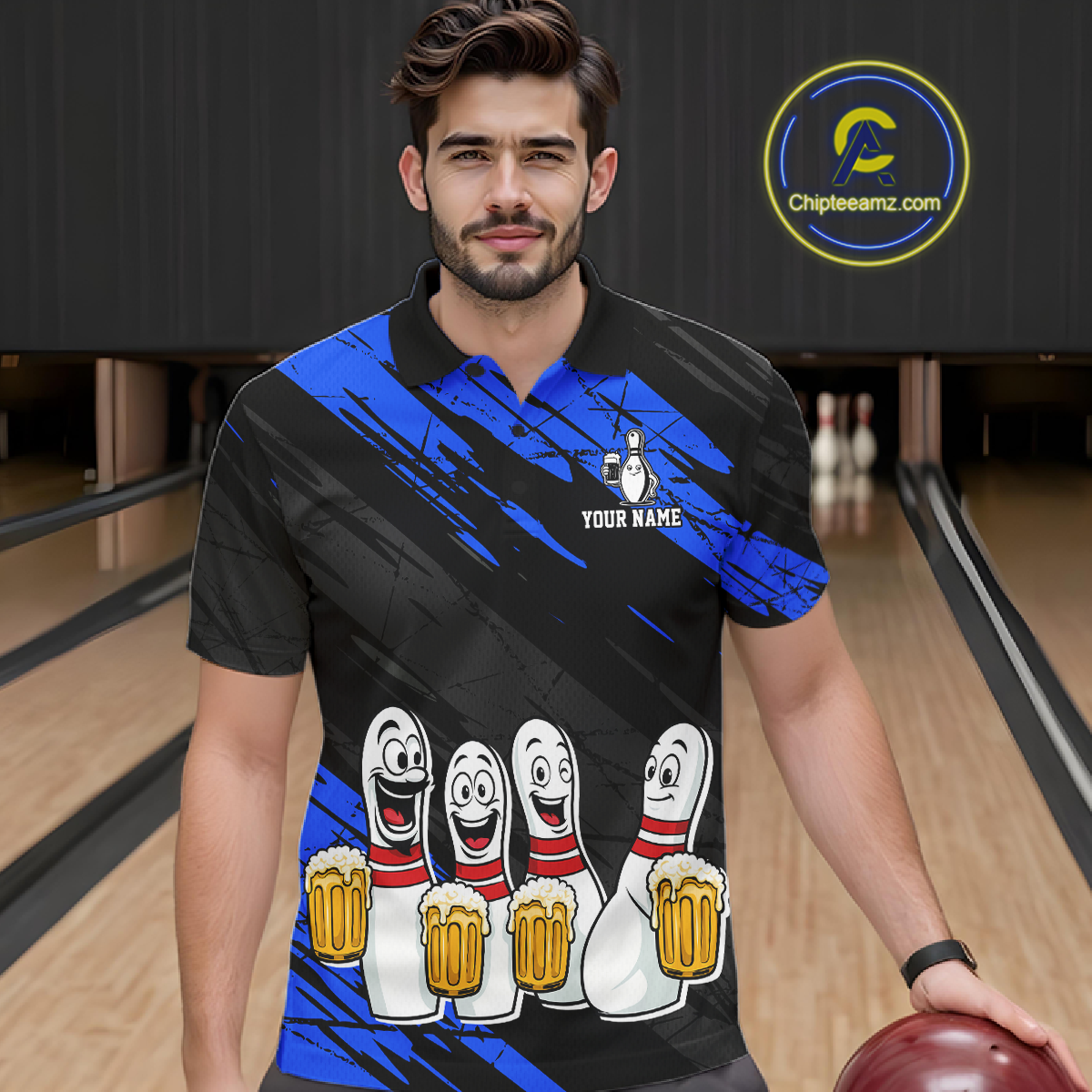 Custom Blue Funny Bowling Tournament Jersey for Men Bowling Team Shirts Polo & 1/4 Zip HNT178