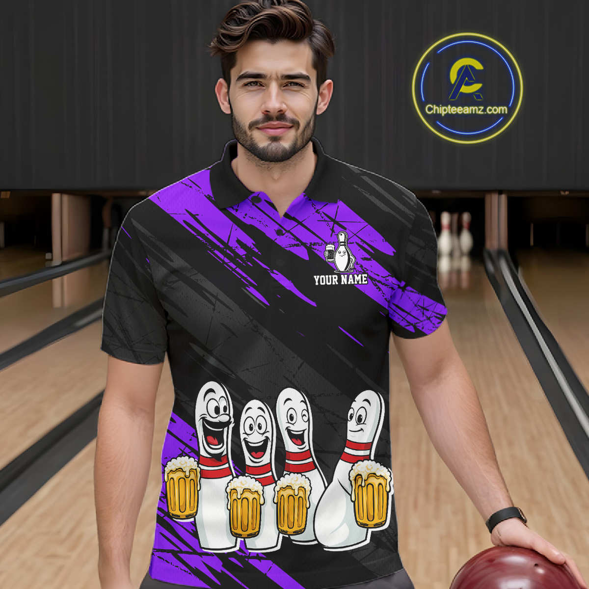 Custom Purple Funny Bowling Tournament Jersey for Men Bowling Team Shirts Polo & 1/4 Zip HNT178