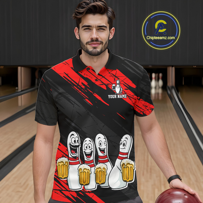 Custom Red Funny Bowling Tournament Jersey for Men Bowling Team Shirts Polo & 1/4 Zip HNT178