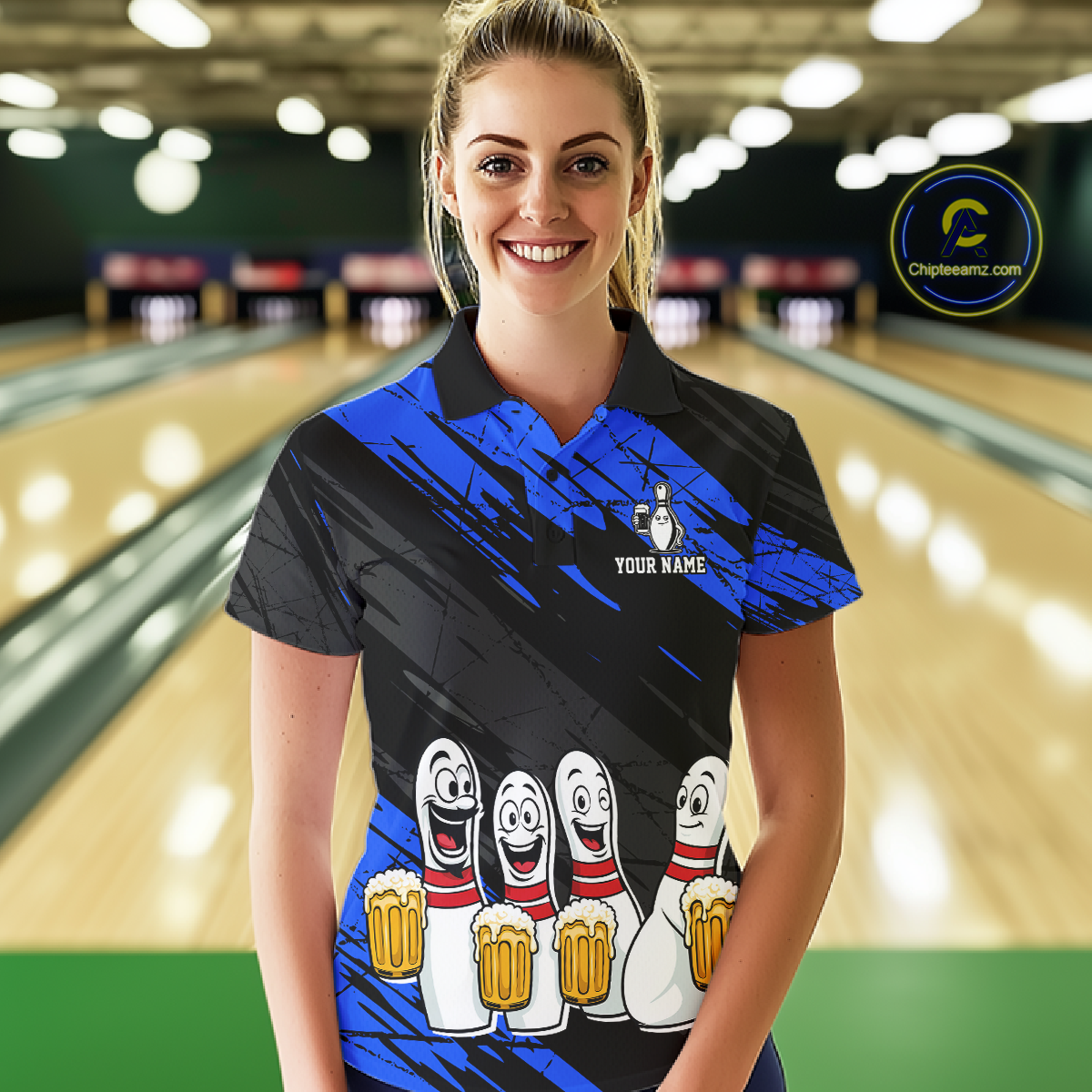 Custom Blue Funny Bowling Tournament Jersey for Women Bowling Team Shirts Polo & 1/4 Zip HNT178