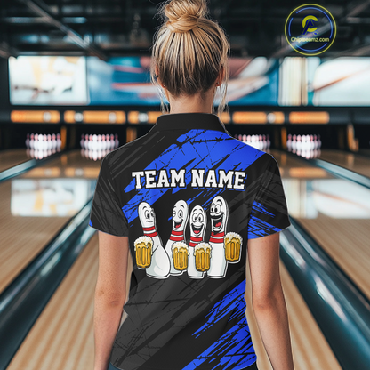 Custom Blue Funny Bowling Tournament Jersey for Women Bowling Team Shirts Polo & 1/4 Zip HNT178