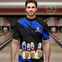 Load image into Gallery viewer, Custom Blue Funny Bowling Tournament Jersey for Men Bowling Team Shirts Polo &amp; 1/4 Zip HNT178