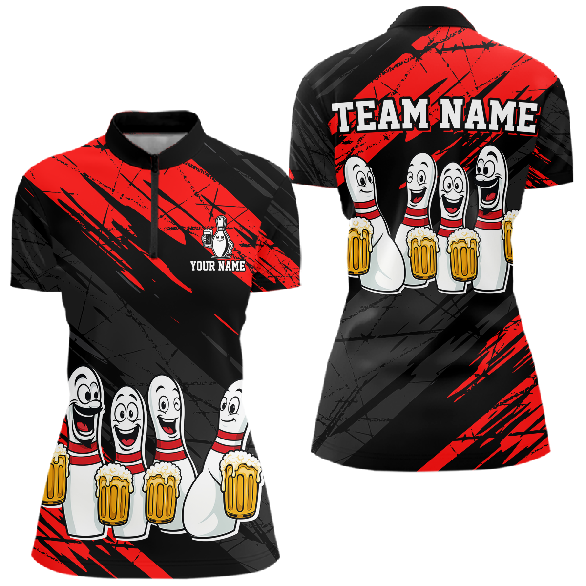 Custom Red Funny Bowling Tournament Jersey for Women Bowling Team Shirts Polo & 1/4 Zip HNT178