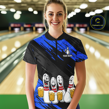 Load image into Gallery viewer, Custom Blue Funny Bowling Tournament Jersey for Women Bowling Team Shirts Polo &amp; 1/4 Zip HNT178