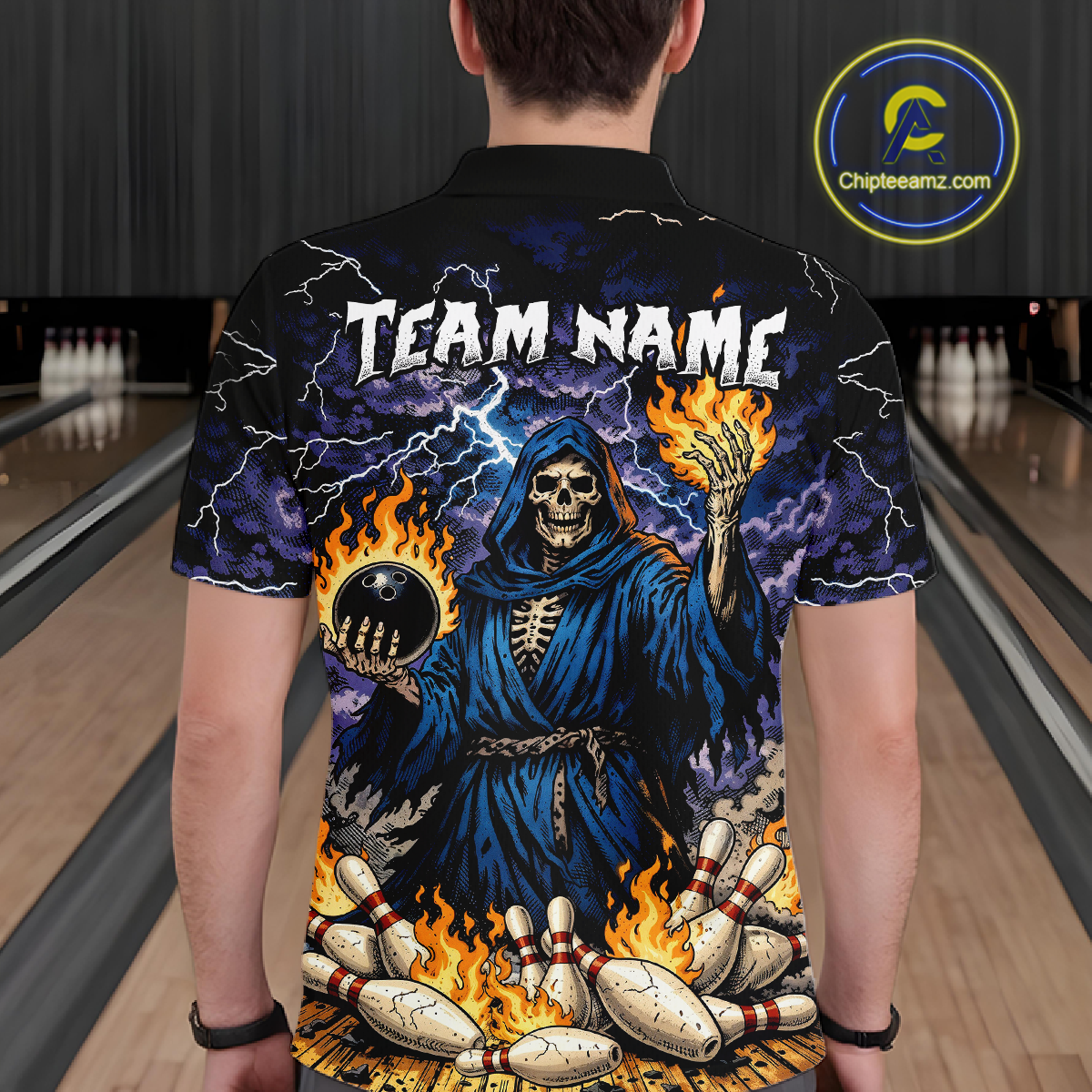 Custom Flame Grim Reaper Bowling Jersey for Men Polo & 1/4 Zip Bowling Team Shirts HNT222