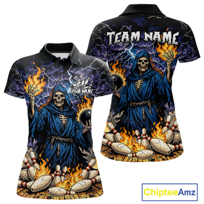 Custom Flame Grim Reaper Bowling Jersey for Women Polo & 1/4 Zip Bowling Team Shirts HNT222