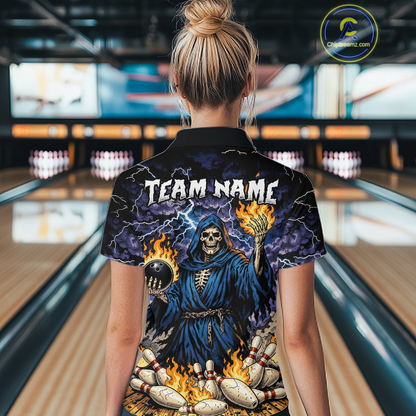 Custom Flame Grim Reaper Bowling Jersey for Women Polo & 1/4 Zip Bowling Team Shirts HNT222