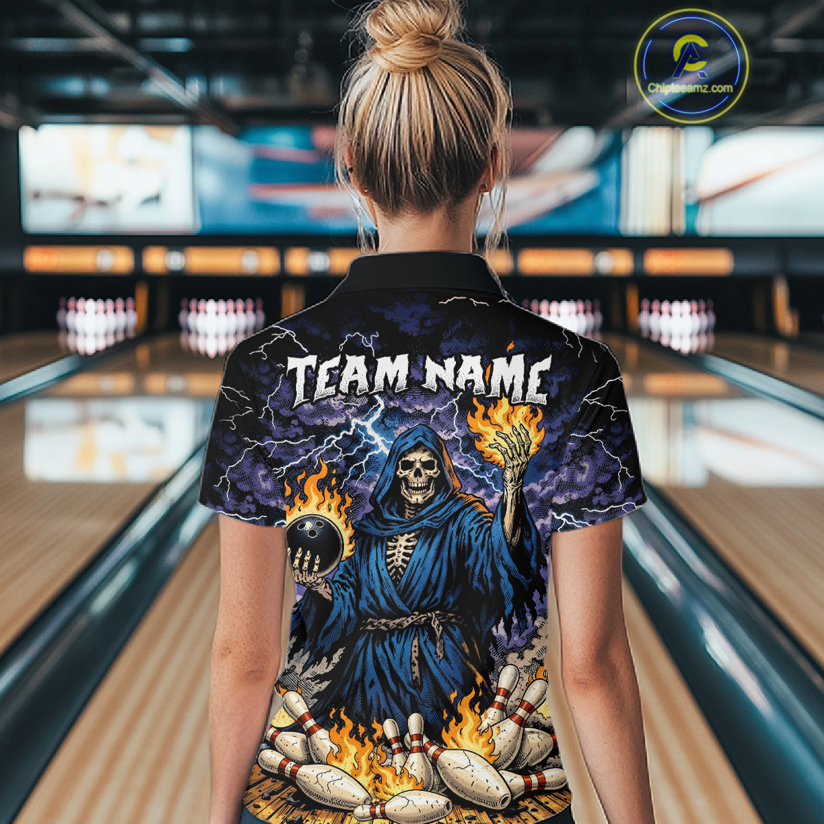 Custom Flame Grim Reaper Bowling Jersey for Women Polo & 1/4 Zip Bowling Team Shirts HNT222