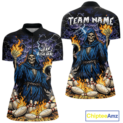 Custom Flame Grim Reaper Bowling Jersey for Women Polo & 1/4 Zip Bowling Team Shirts HNT222
