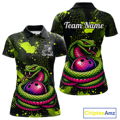 Green Cobra Snake Bowling Team Shirts Custom Name Bowling Jersey for Women Polo & 1/4 Zip HNT546
