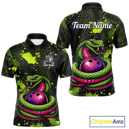 Green Cobra Snake Bowling Team Shirts Custom Name Bowling Jersey for Men Polo & 1/4 Zip HNT546