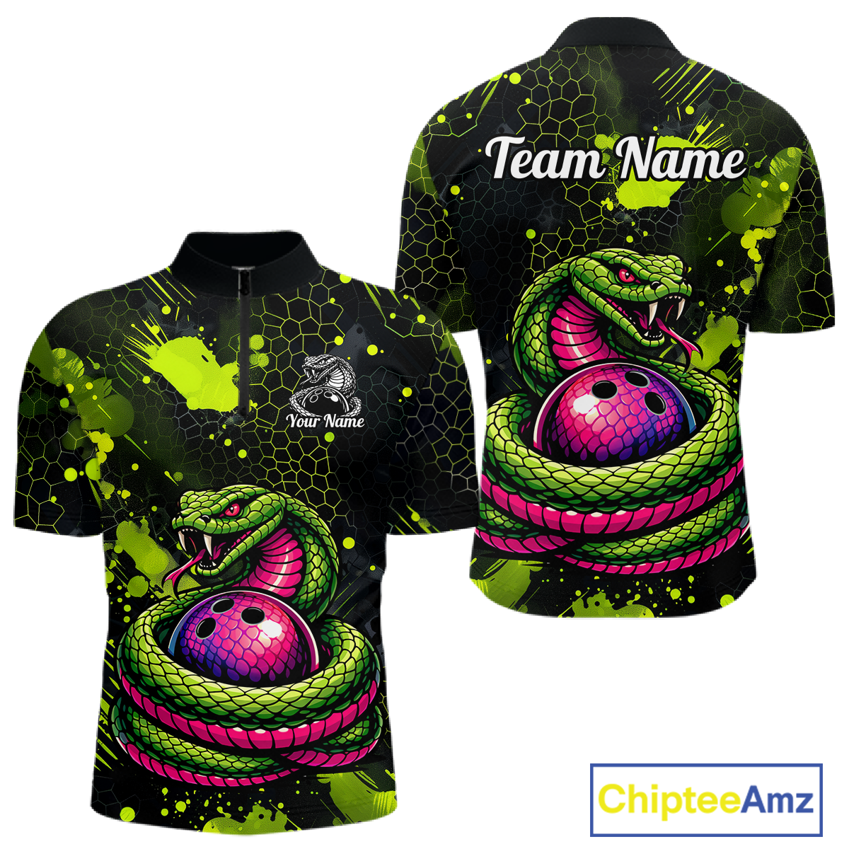Green Cobra Snake Bowling Team Shirts Custom Name Bowling Jersey for Men Polo & 1/4 Zip HNT546