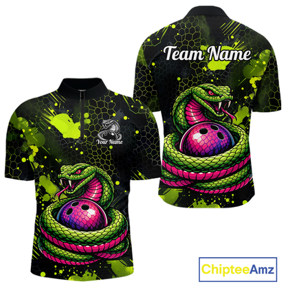 Green Cobra Snake Bowling Team Shirts Custom Name Bowling Jersey for Men Polo & 1/4 Zip HNT546