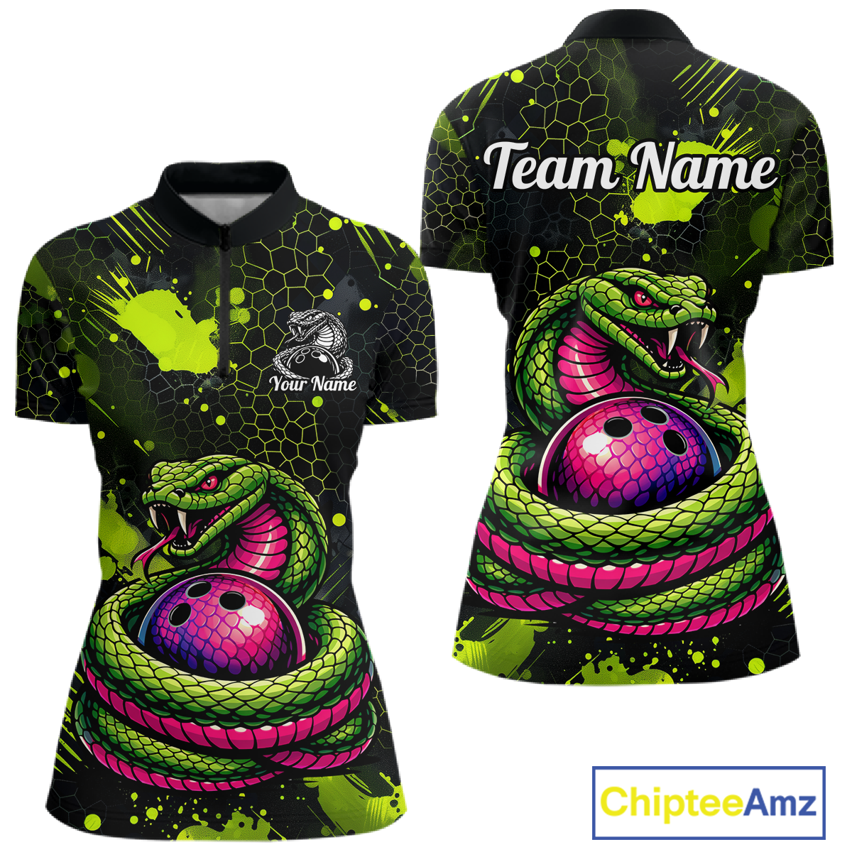Green Cobra Snake Bowling Team Shirts Custom Name Bowling Jersey for Women Polo & 1/4 Zip HNT546