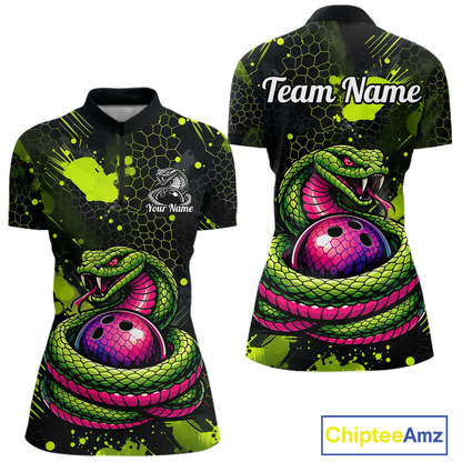 Green Cobra Snake Bowling Team Shirts Custom Name Bowling Jersey for Women Polo & 1/4 Zip HNT546