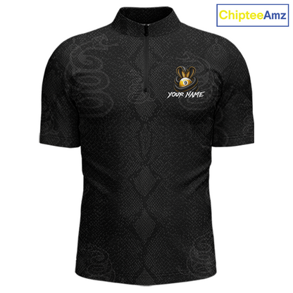 A black short-sleeve quarter-zip athletic shirt with a subtle snakeskin pattern, featuring a custom rabbit logo and 'YOUR NAME' text on the left chest. The ChipteeAmz logo is visible in the top right corner.